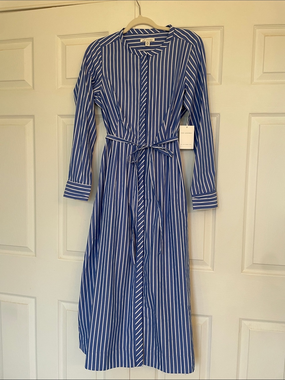 NWT Blue & White Vertical-Stripe Long-Sleeve Shirt Dress with Tie M